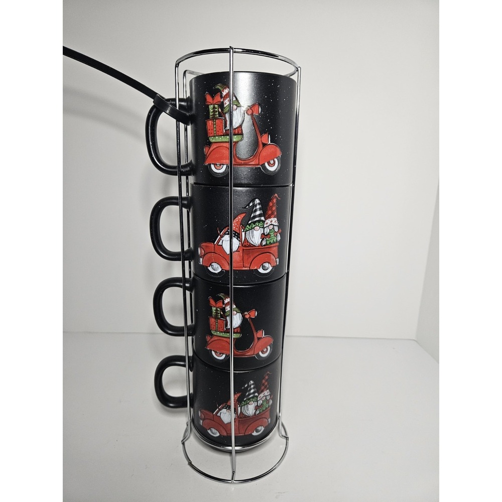 Christmas Gnome Stacking Mugs Set of 4 With Metal Rack Black Peppermint & Pine